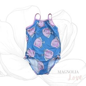 🐠 EUC Carter’s Light Blue Swimsuit w/ Purple Fish & Leg Ruffles Girls 4T